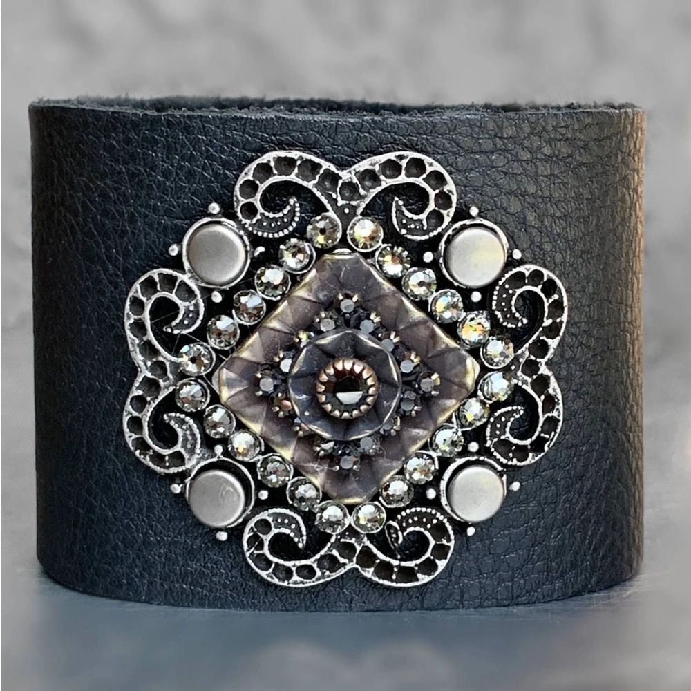 Deluxe Stones on Black Leather Cuff